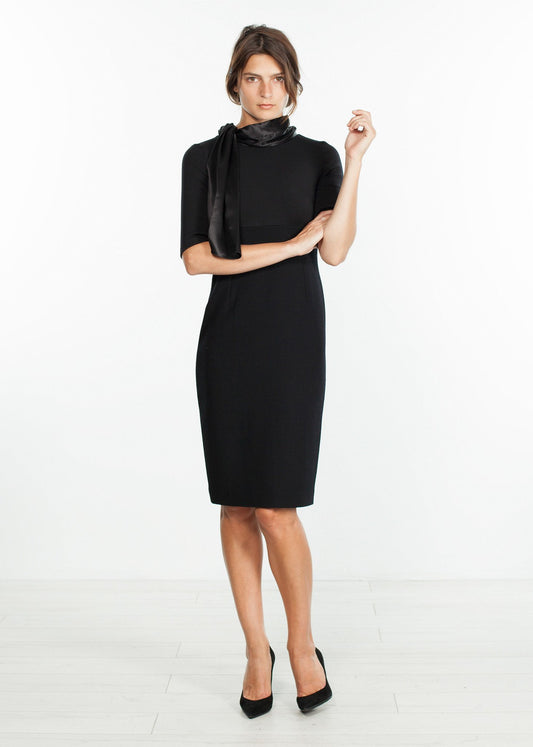 Tie Neck Wool Dress in Black Bis