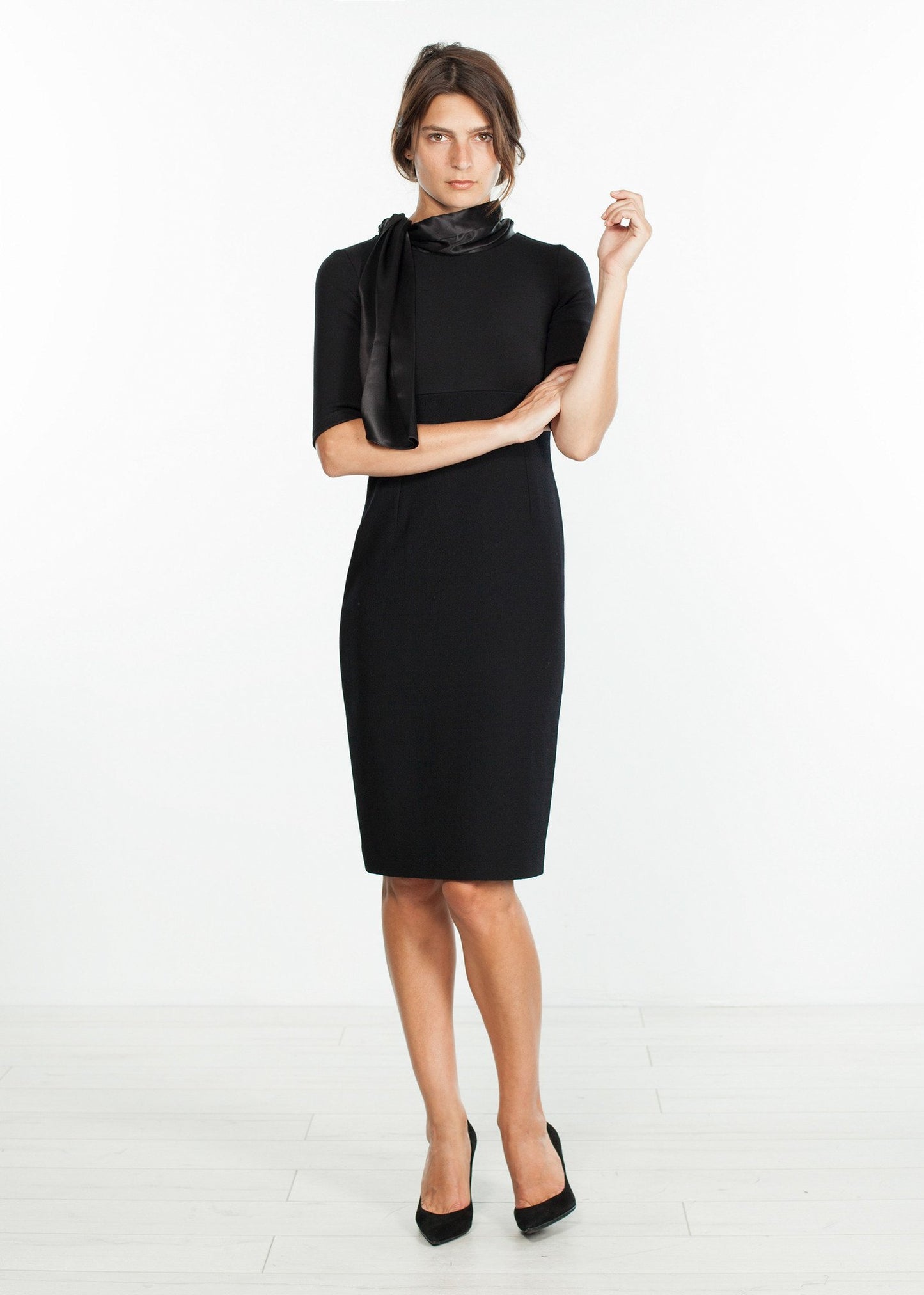 Tie Neck Wool Dress in Black Bis2