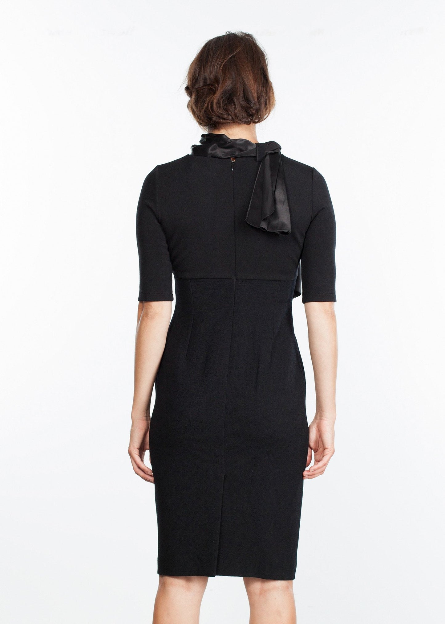 Tie Neck Wool Dress in Black Bis2